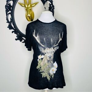 Wildfox Black Short Sleeve Long Shirt with Deer Graphic